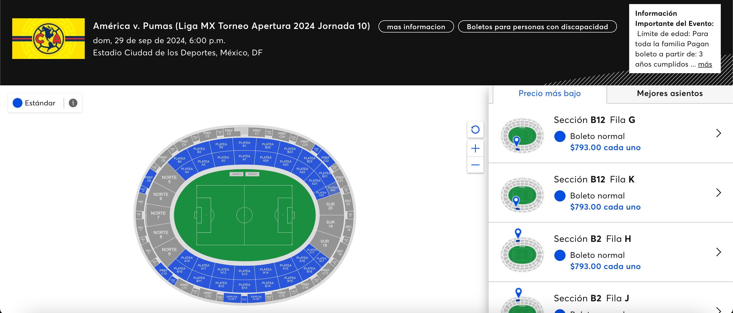 Boletos disponibles (hasta el momento) para el América vs Pumas