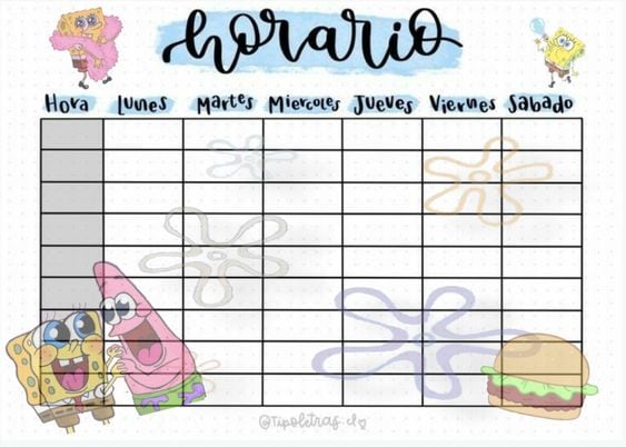 Horario escolar de Bob Esponja para imprimir