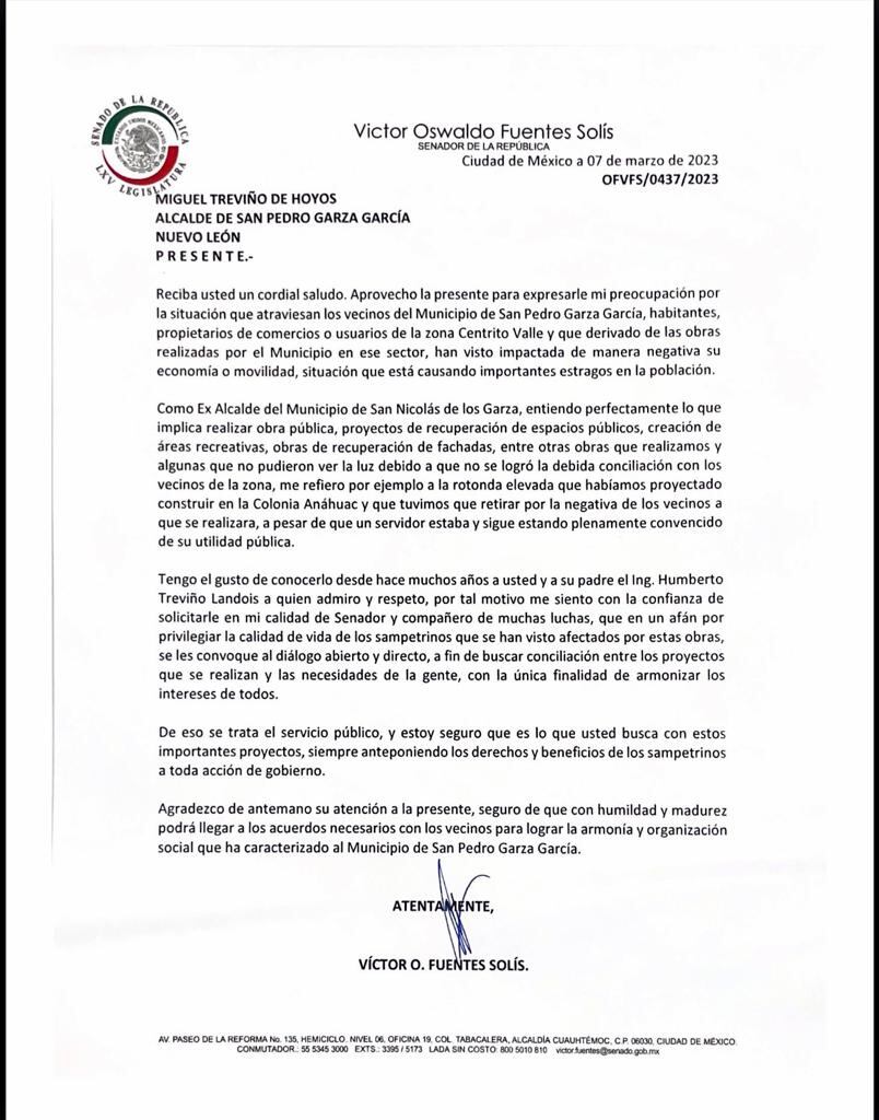 Carta original del senador/Plácido Garza