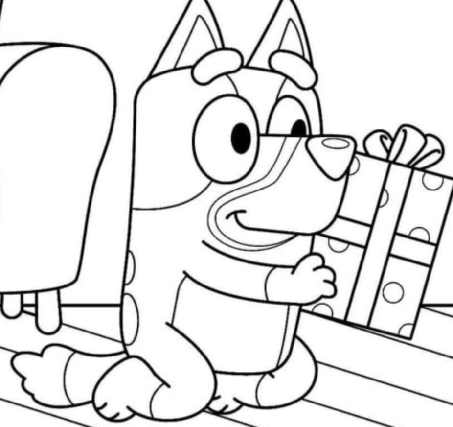 Bluey con regalo de cumpleaños