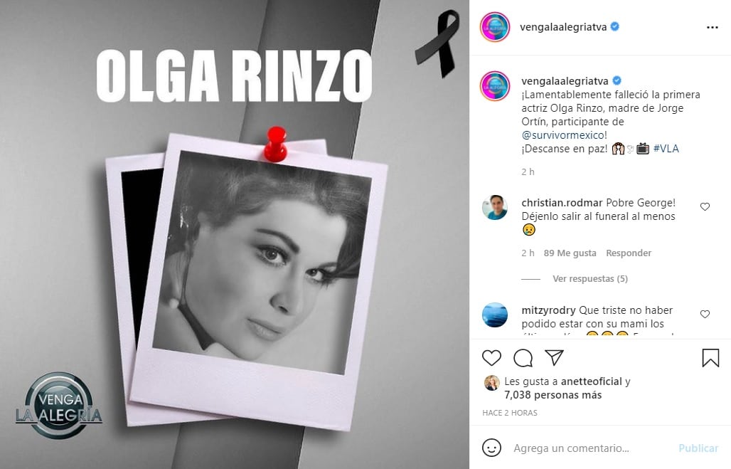 Venga la Alegría lamenta muerte de Olga Rinzo