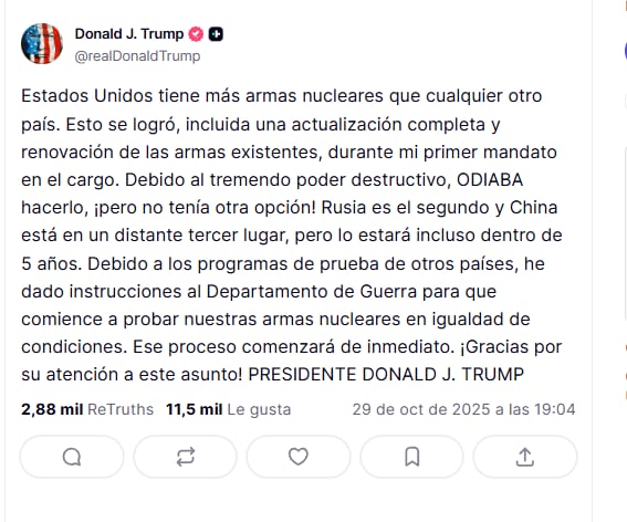Estados Unidos reanudará pruebas nucleares por órdenes de Donald Trump