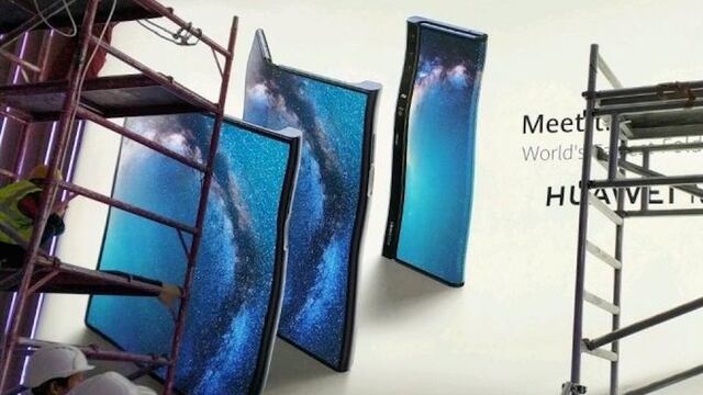 Publicidad del nuevo teléfono plegable y 5G de Huawei.