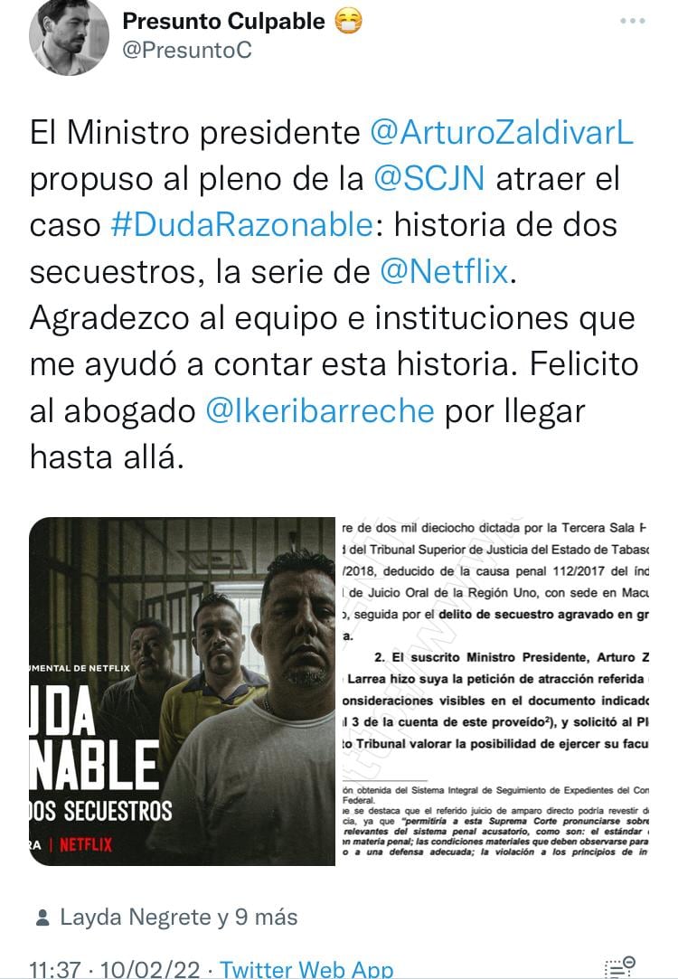 Arturo Zaldívar propuso ataer caso Duda Razonable