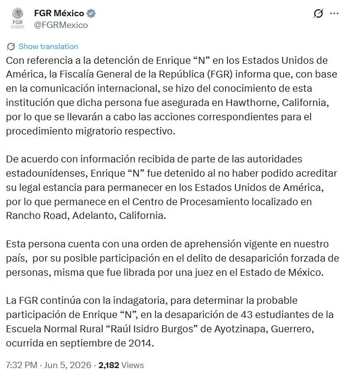 FGR evalúa extradición de exmilitar detenido por el ICE ligado al caso Ayotzinapa