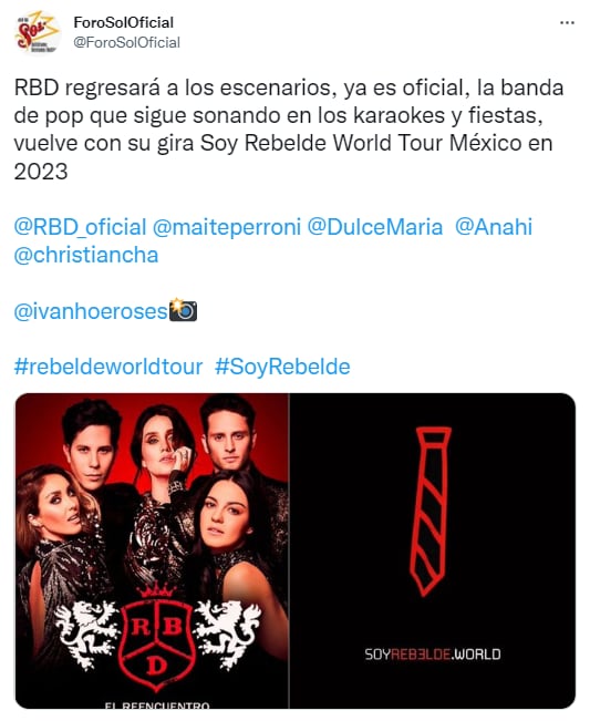 Foro Sol confirma que RBD estará en esta sede en sus conciertos en CDMX.