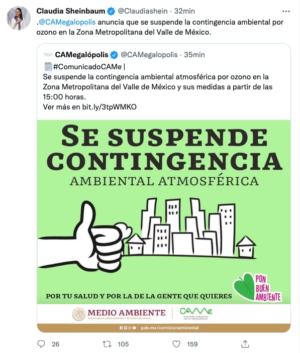 Claudia Sheinbaum anuncia que se suspende contingencia ambiental en Zona Metropolitana del Valle de México