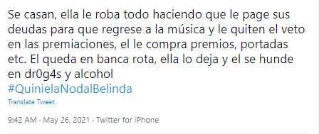 Tweet sobre Belinda y Christian Nodal.