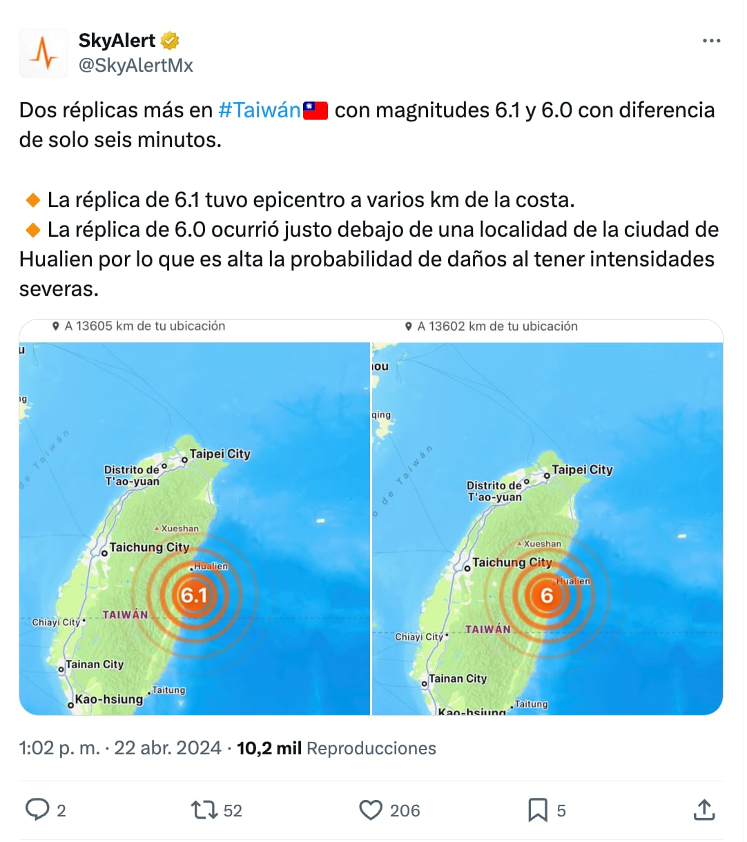 Terremoto en Taiwán, SkyAlert