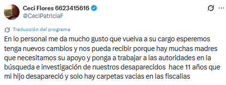 Ceci Flores respalda regreso de Rocha Moya y le pide recibir a madres buscadoras