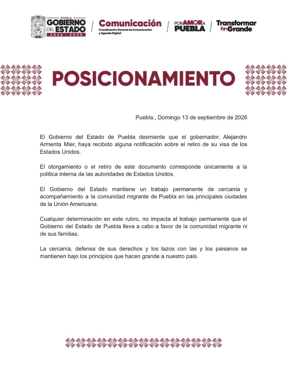 Gobierno de Puebla niega notificación de visa cancelada a Armenta