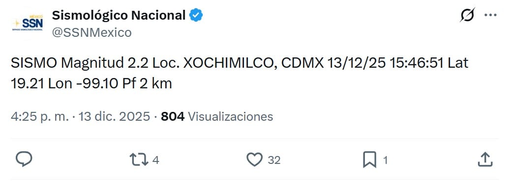 Temblor en CDMX hoy: Registran microsismo en Xochimilco