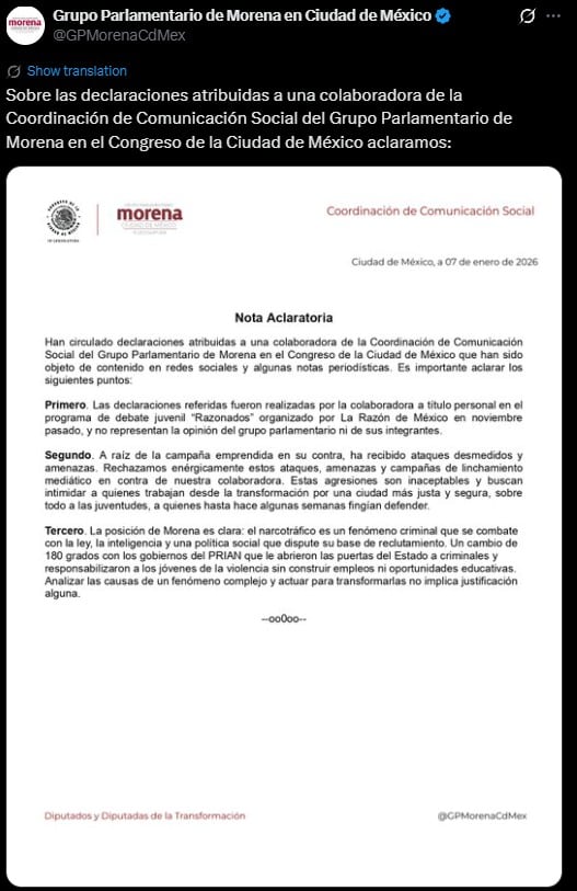 Morena se deslinda de las declaraciones de Adriana Marín sobre el narcotráfico