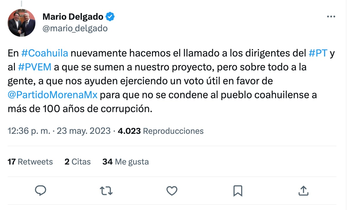Mario Delgado pide a dirigentes del PT y Partido Verde que recapaciten