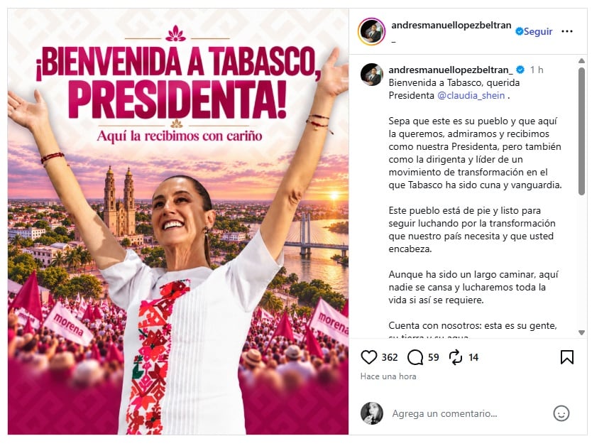 Andrés Manuel López Beltrán comparte mensaje de bienvenida a Sheinbaum