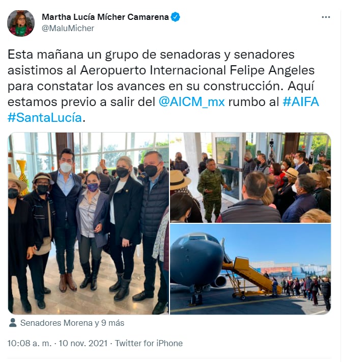 Tuit de la senadora Martha Lucía Mícher Camarena con un grupo de senadores para ir al AIFA/@MaluMicher