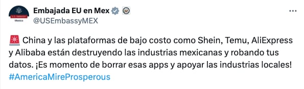 El fuerte mensaje de la Embajada de Estados Unidos contra Temu, Shein y AliExpress