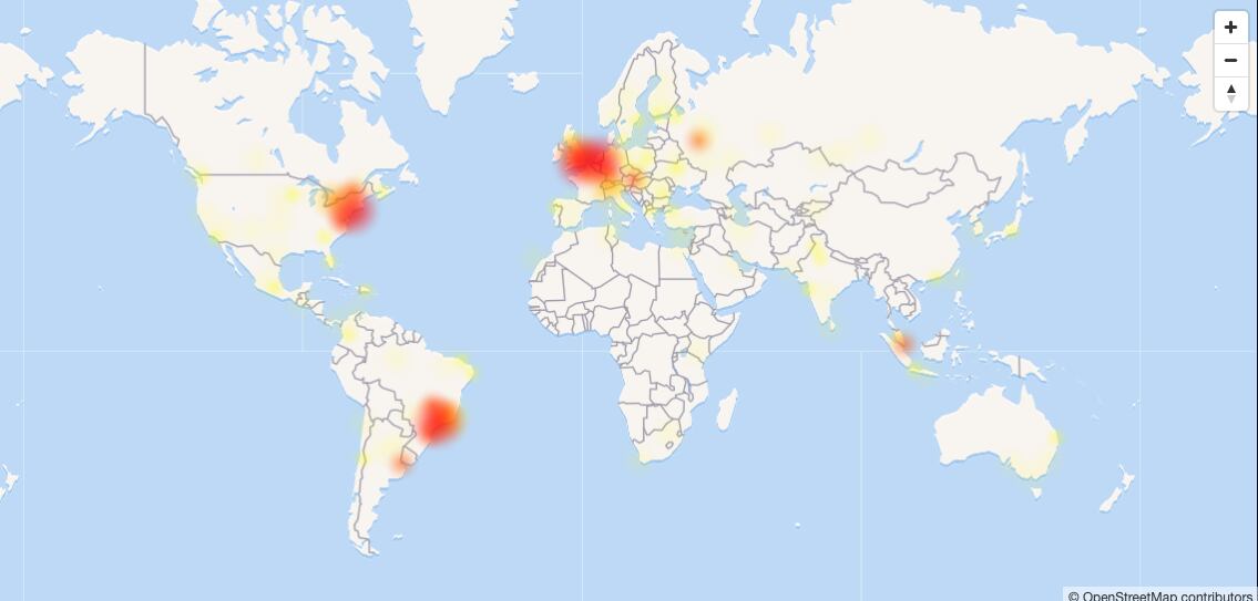 Mapa de reportes sobre la caída de Instagram el jueves 28 de noviembre de 2019.