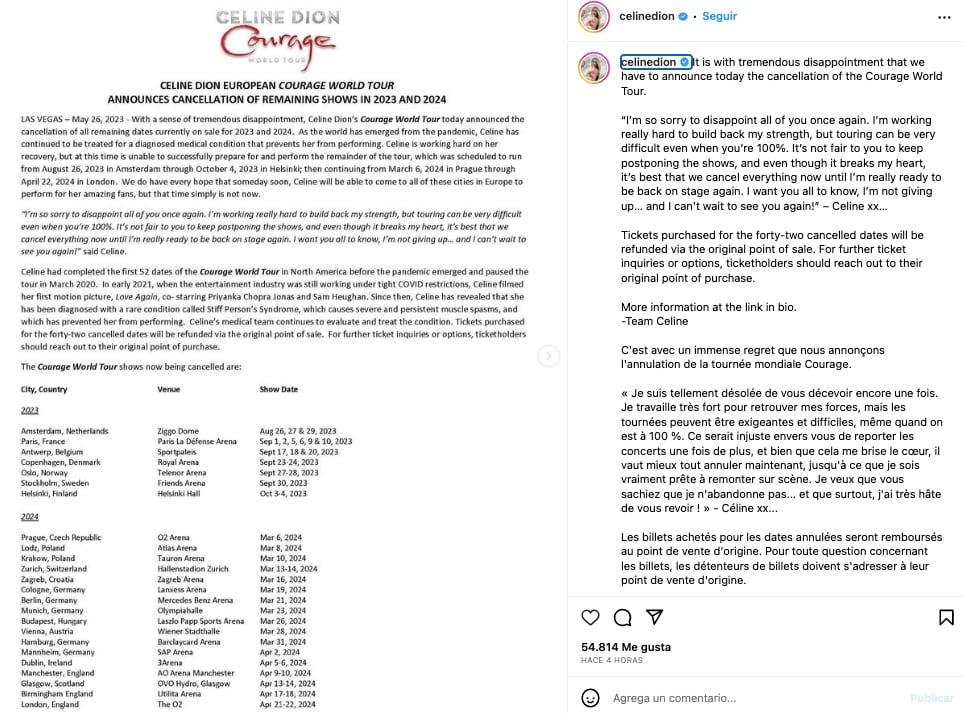 Céline Dion cancela gira