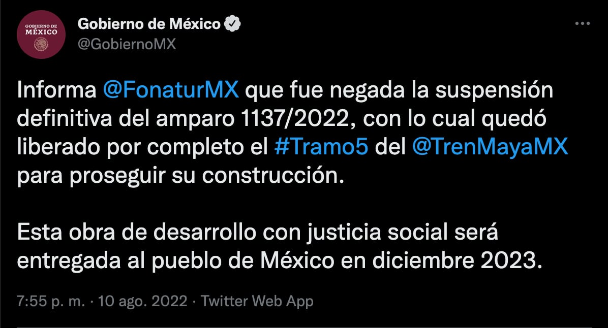 Tramo 5 del Tren Maya libra todas las suspensiones; se reanudará su construcción: Gobierno de México