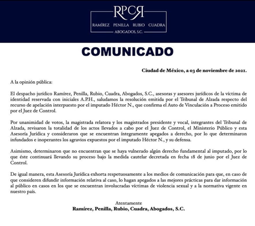 Comunicado de los abogados de Alexa Parra