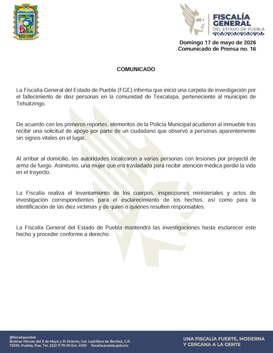 Ataque armado en Tehuitzingo deja 10 muertos; Fiscalía de Puebla investiga
