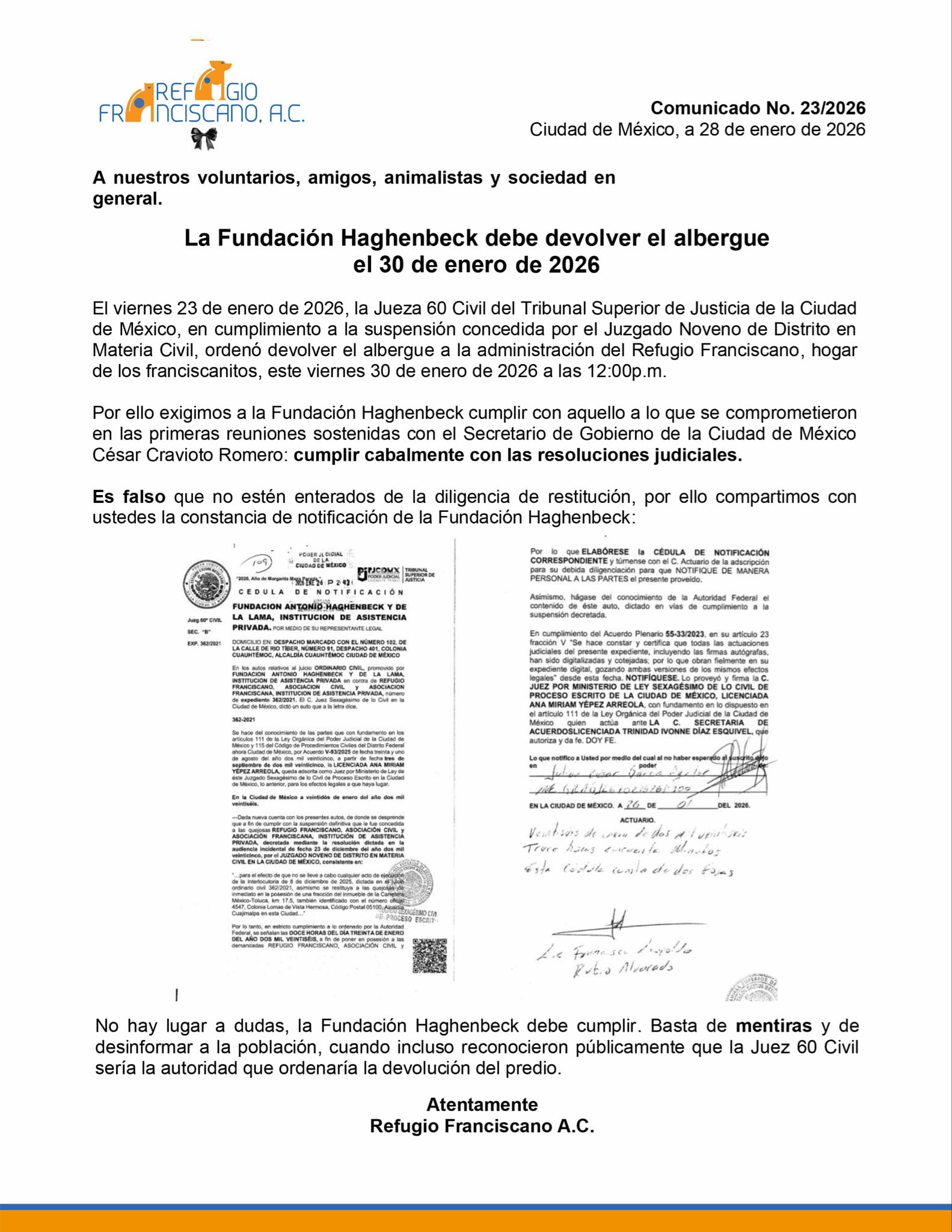 Comunicado de Refugio Franciscano sobre la devolución del predio por la Fundación Haghenbeck.