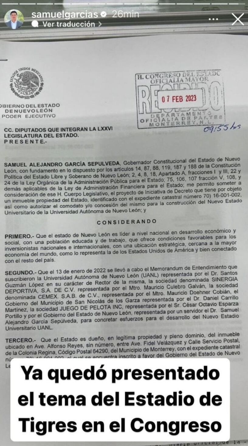 Nuevo estadio de Tigres será presentado en el Congreso de Nuevo León
