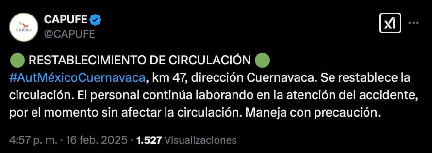 Capufe informa sobre accidente en autopista México-Cuernavaca hoy 16 de febrero