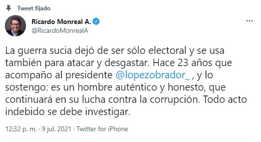 Ricardo Monreal defiende a AMLO