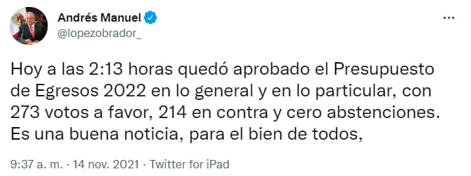AMLO agradece a diputados la aprobación del presupuesto de egresos 2022/@lopezobrador_