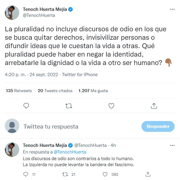 Tuits de Tenoch Huerta criticando a Capital 21