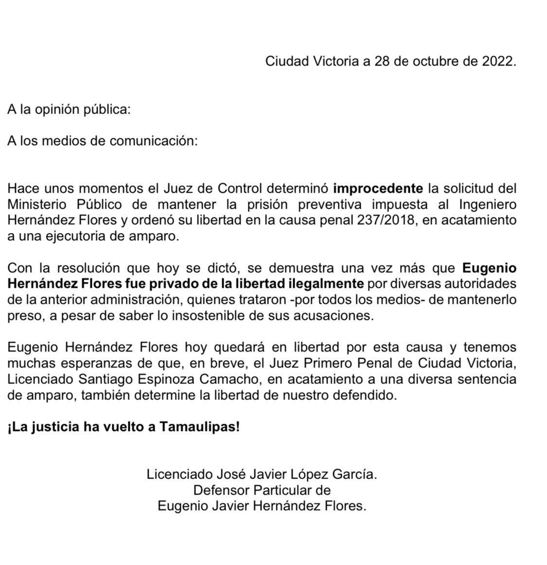 Eugenio Hernández Flores saldrá de la cárcel; juez le revoca prisión preventiva