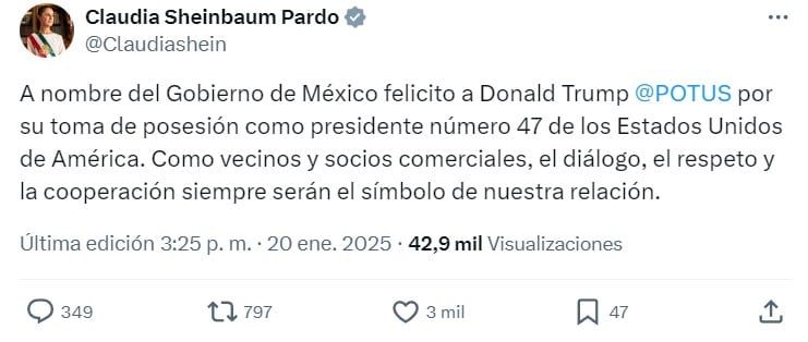Claudia Sheinbaum y su felicitación a Donald Trump
