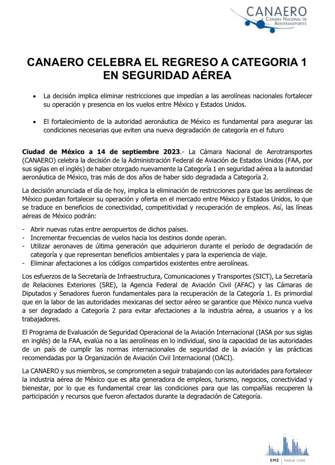Comunicado de la CANAERO por el regreso a la Categoría 1