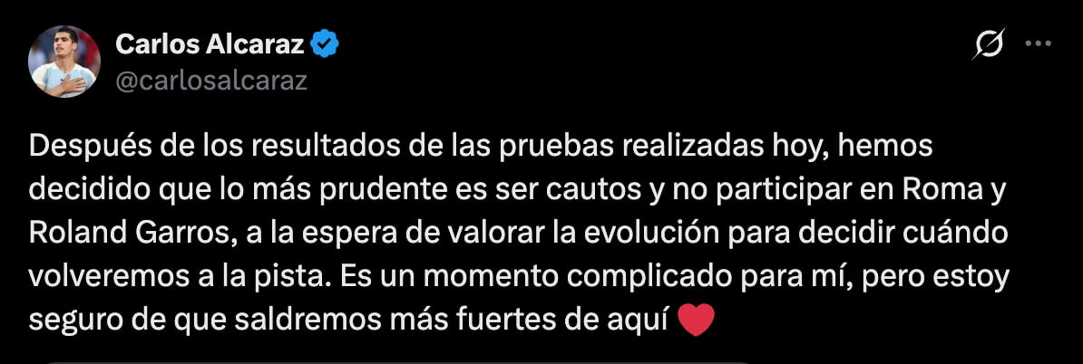 Carlos Alcaraz se pierde Roland Garros por lesión
