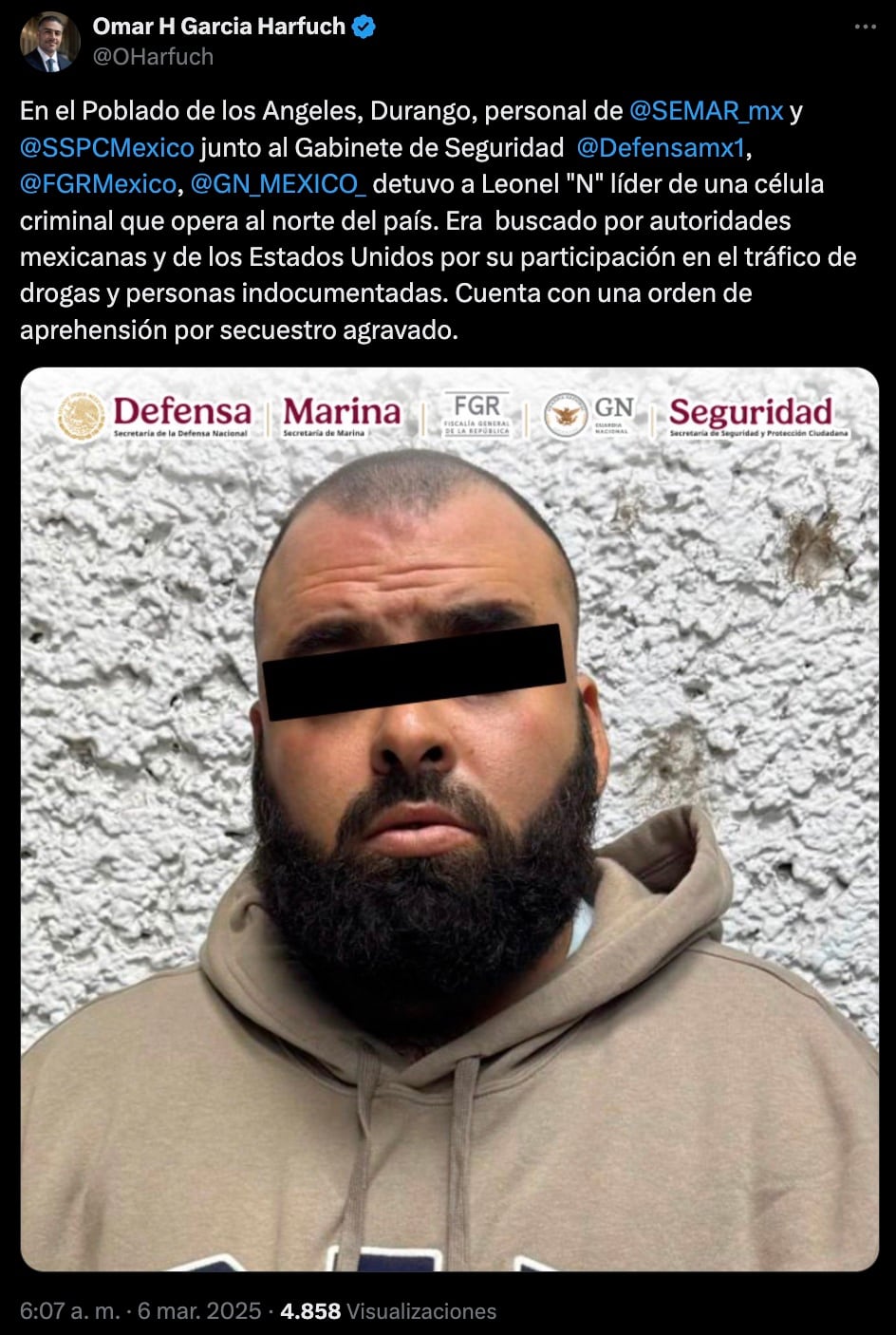 Omar García Harfuch confirma detención de Leonel N