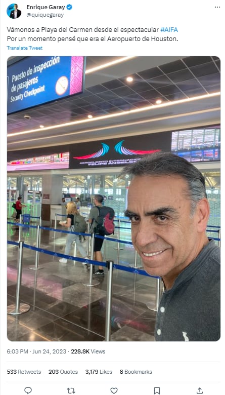 Tuit de Enrique Garay comparando el AIFA con el Aeropuerto Internacional de Houston