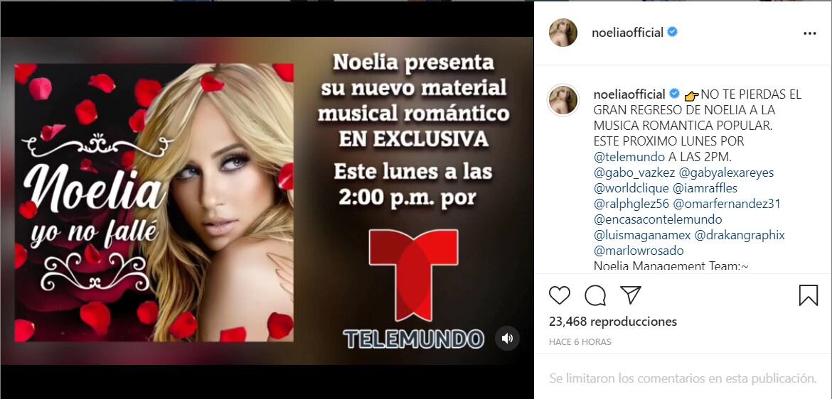 Publicación de Noelia en Instagram