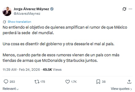 Álvarez Máynez rechaza rumores sobre pérdida de sede del Mundial 2026
