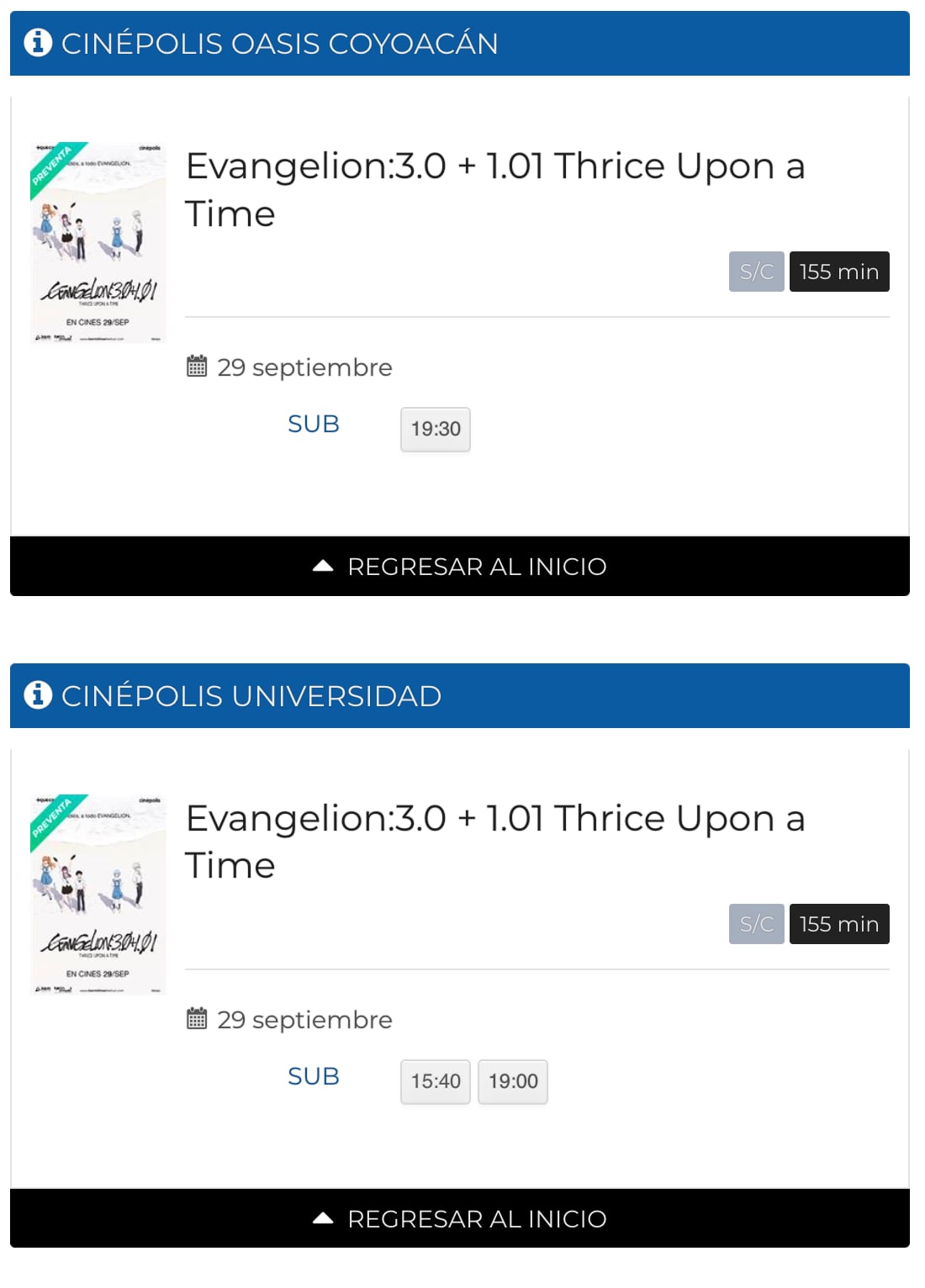 Evangelion 3.0+1.0 Horarios