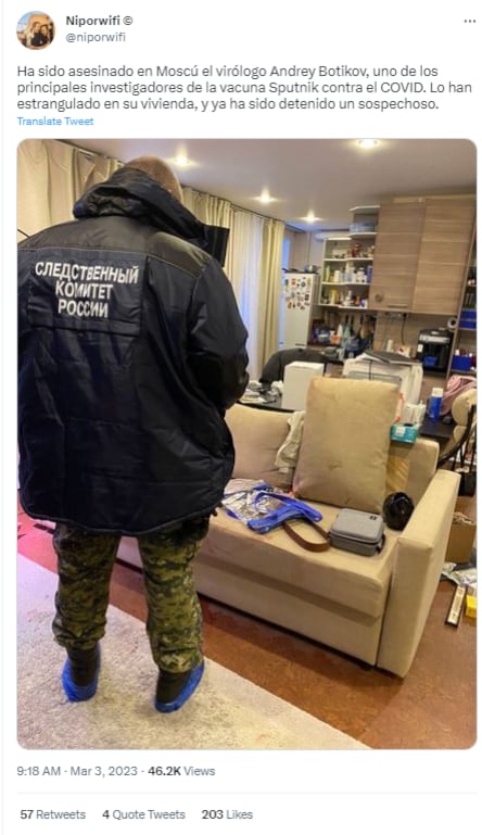 Vivienda de Andrei Botikov, uno de los creadores de la vacuna Sputnik V que fue asesinado