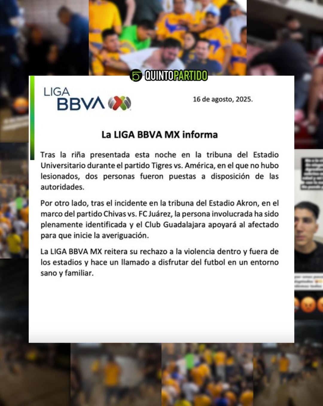 Comunicado Liga MX sobre la violencia en el Tigres vs América.