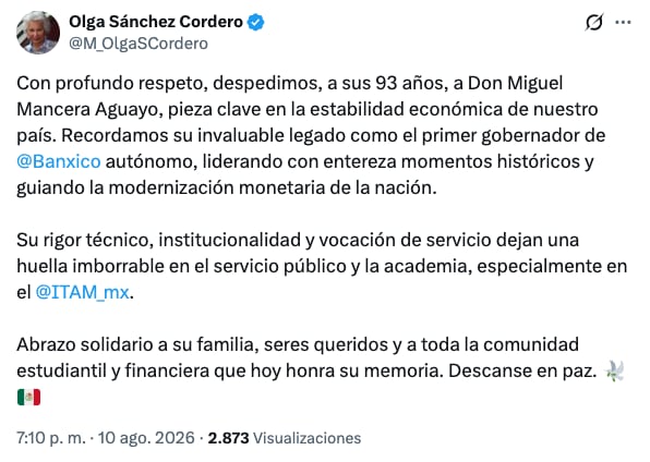 Olga Sánchez Cordero informa muerte de Miguel Mancera Aguayo