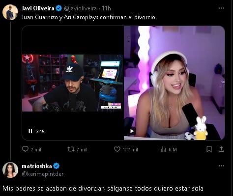 Karime Pindter se pronuncia en Twitter sobre el divorcio sobre JuanSGuarnizo y Ari Gameplays.