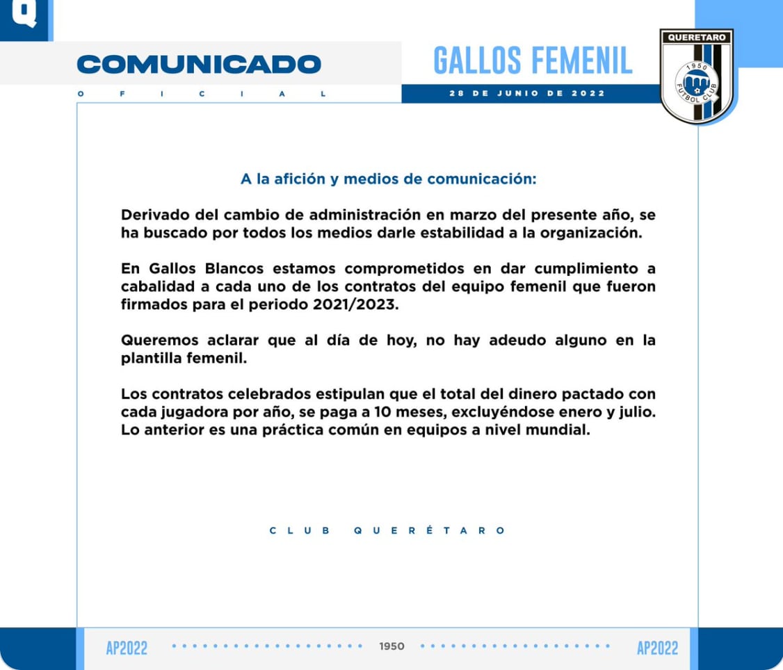 Comunicado de Gallos Femenil (Foto: Twitter)