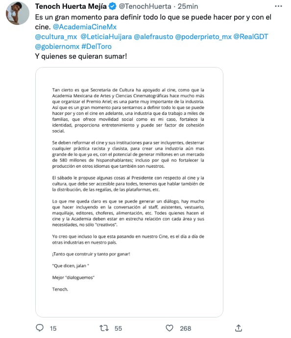 Tenoch Huerta habla sobre la situación de la AMACC a través de un comunicado