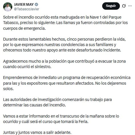 Javier May informa que incendio en la Feria de Tabasco dejó 5 muertos.