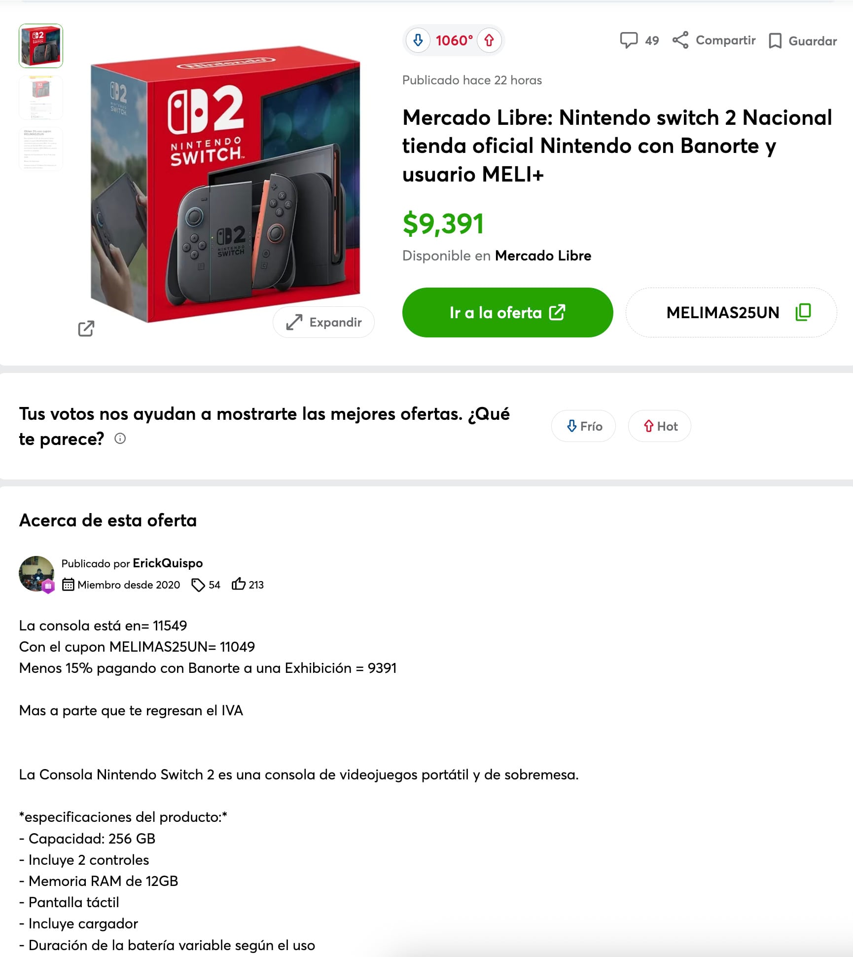 Precio de la Nintendo Switch 2 en Mercado Libre por el Unboxing Days 2025