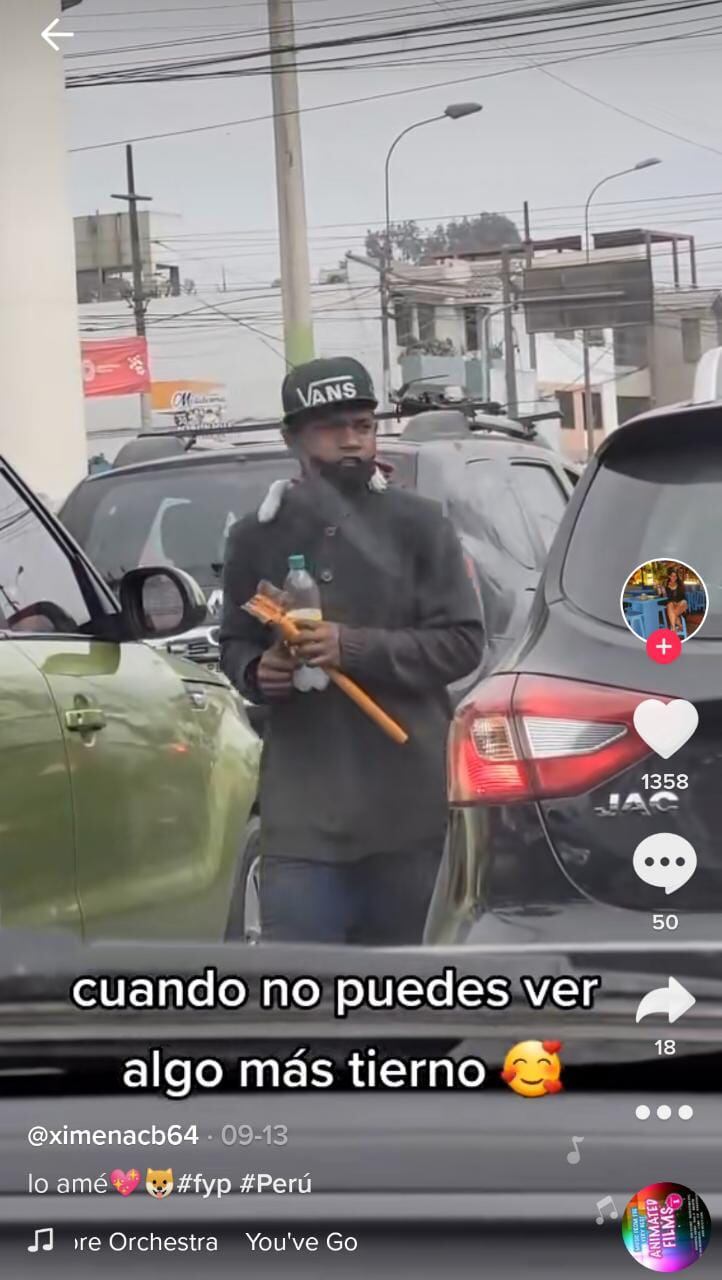 Joven limpiaparabrisas carga a su perrito